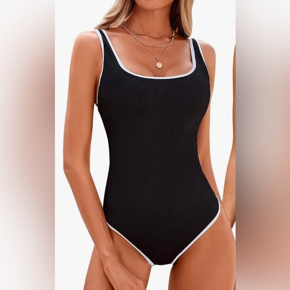 Black Ribbed One-Piece Swimsuit Size Large NWT - Picture 1 of 6